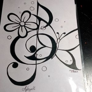Treble Clef Butterfly with Flower Drawing
